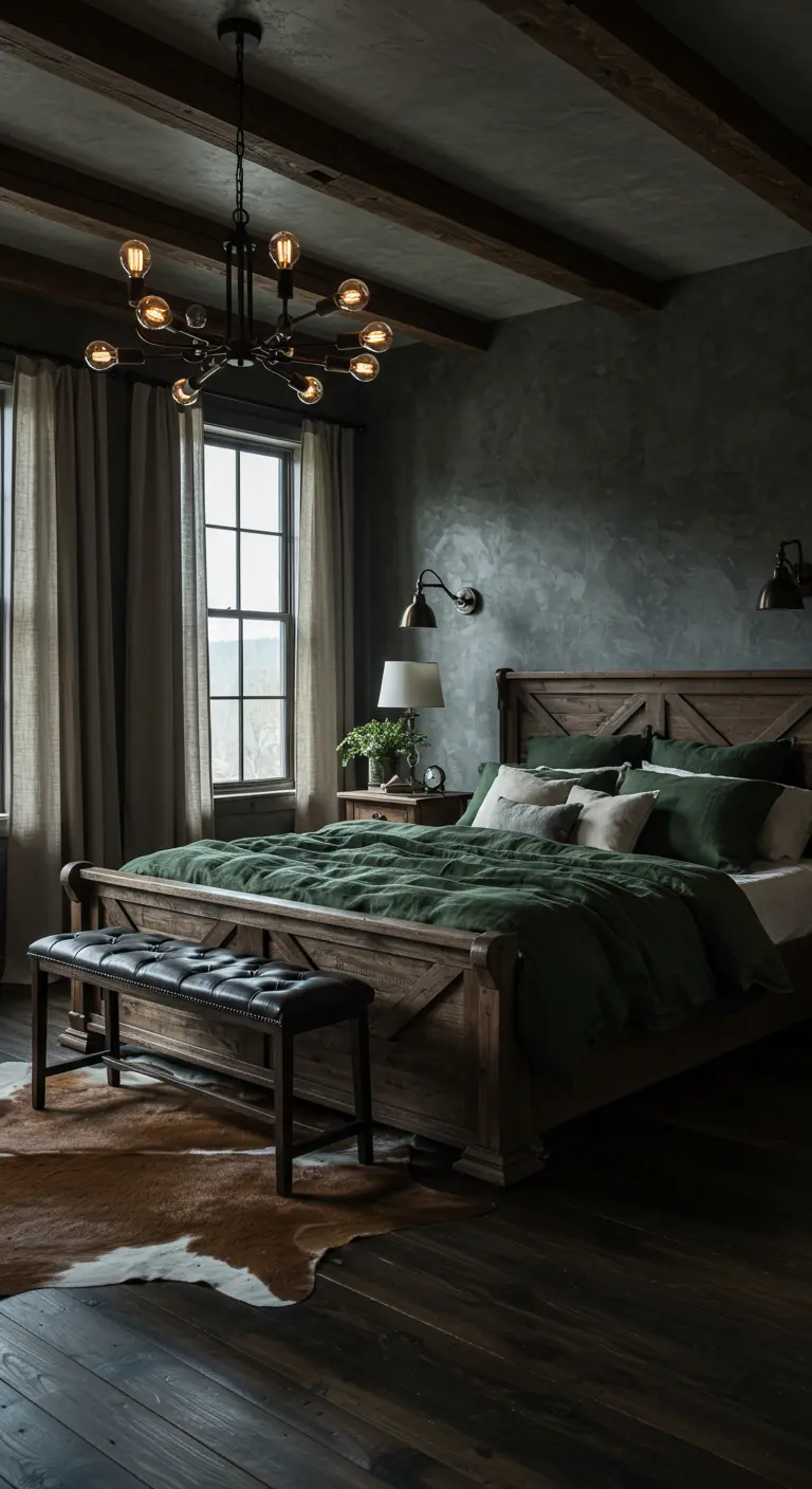 Slaapkamer in donkergroen en hout met een houten bed, leren bankje, en een koeienhuid vloerkleed.