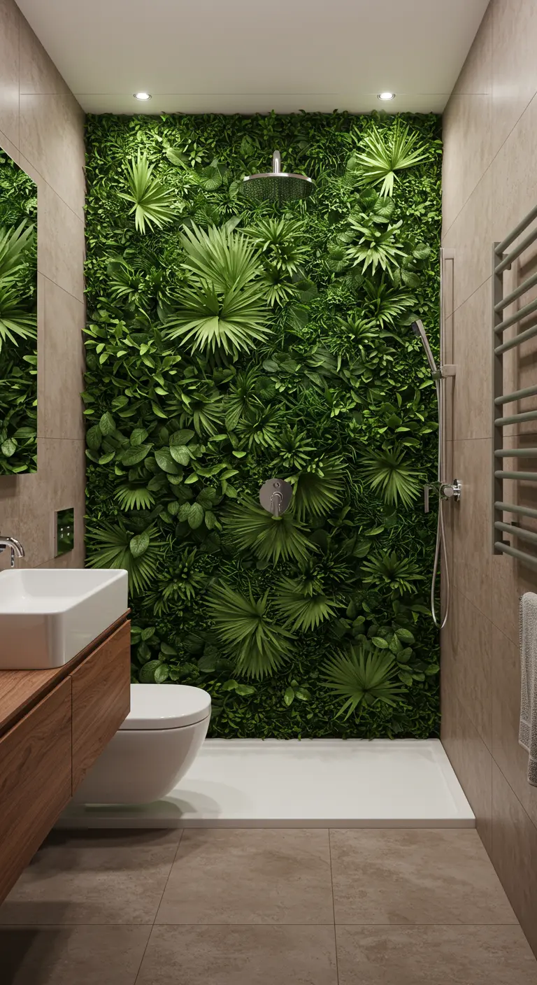 Inloopdouche met een volledige muur bedekt met weelderige groene planten.