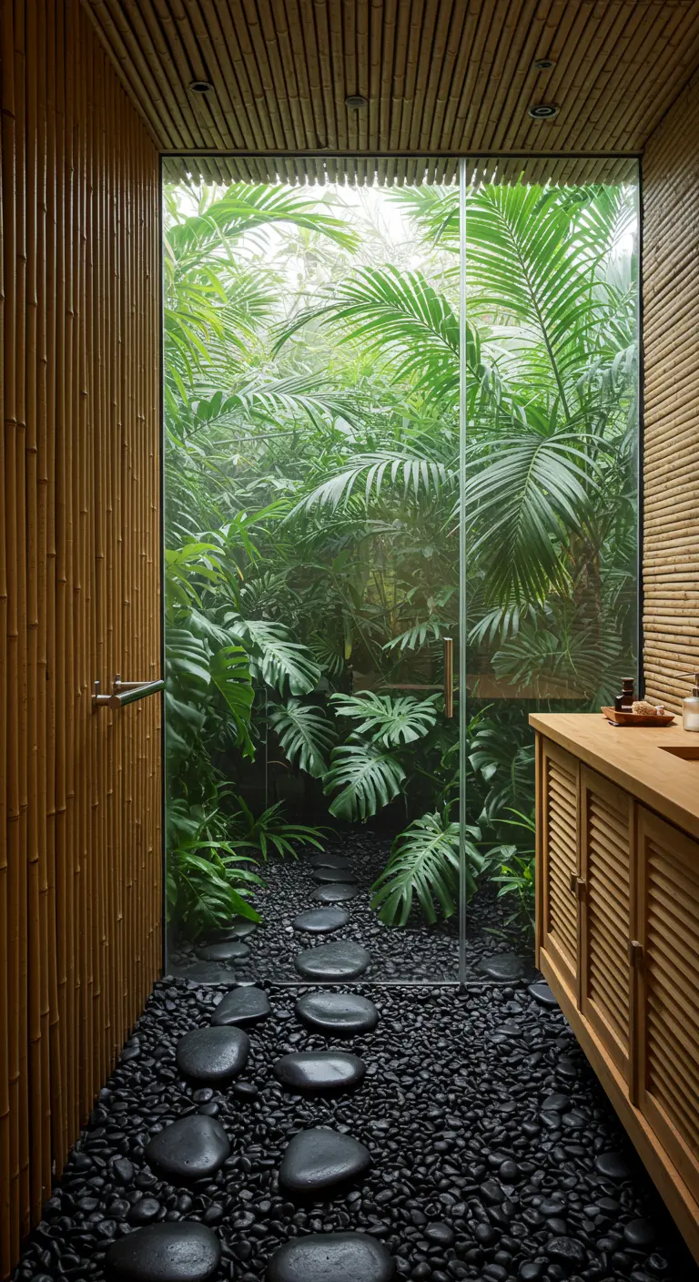 Tropische doucheruimte met bamboewanden, zwarte kiezelvloer en een wand van groene planten.
