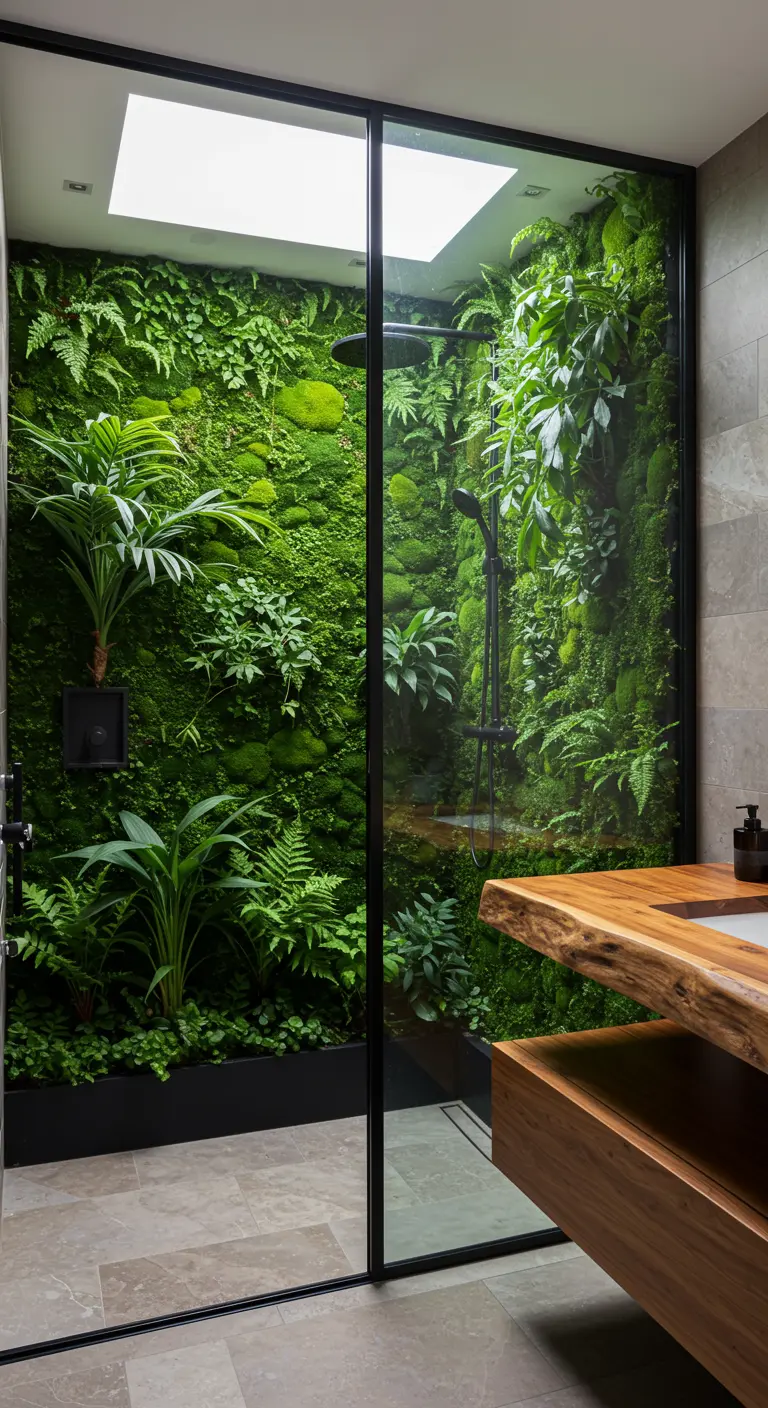 Inloopdouche met een volledig groene plantenwand en glazen deur.