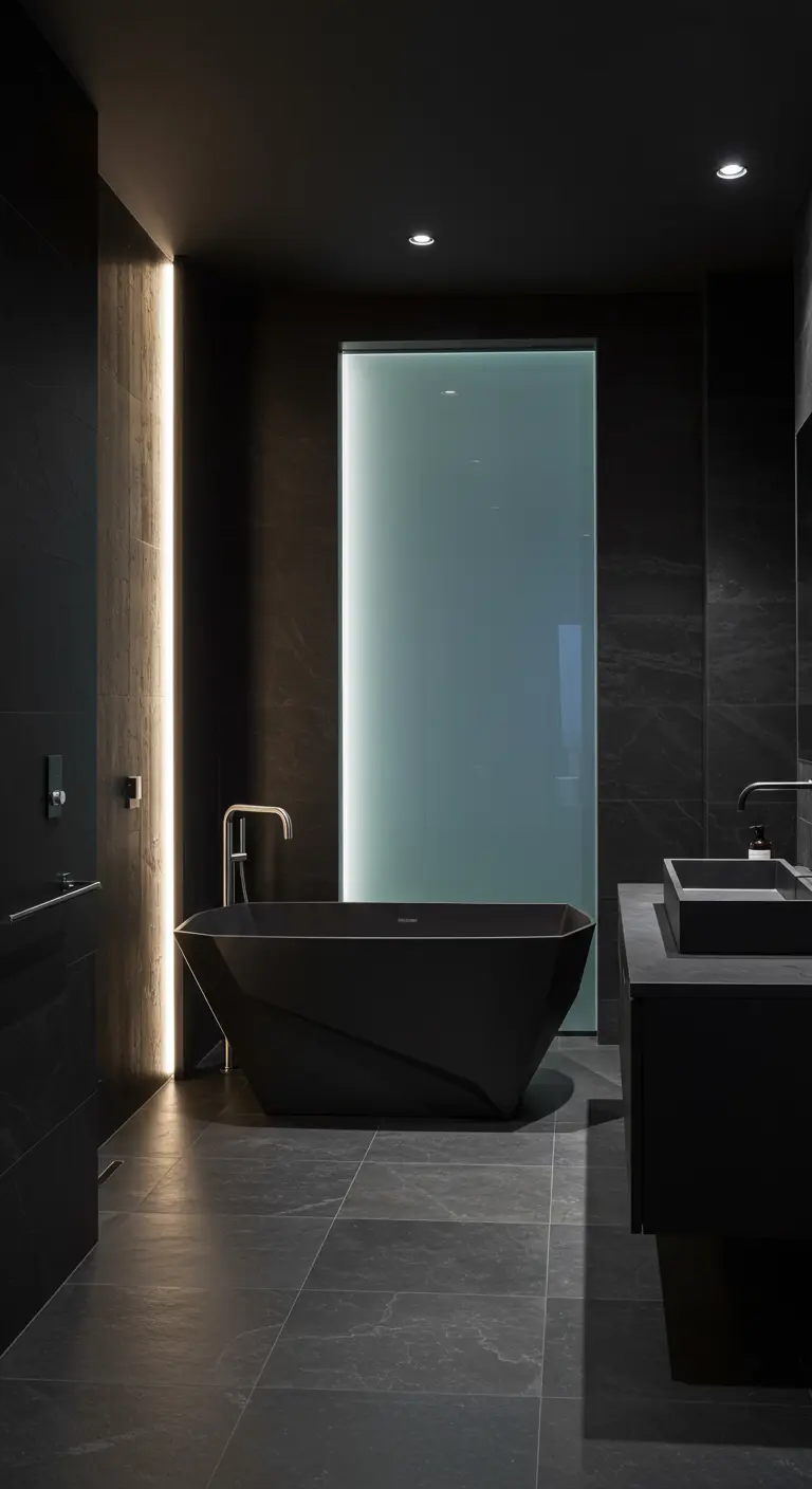 Zwart geometrisch bad in een donkere badkamer, aangelicht door een verticale LED-strip.