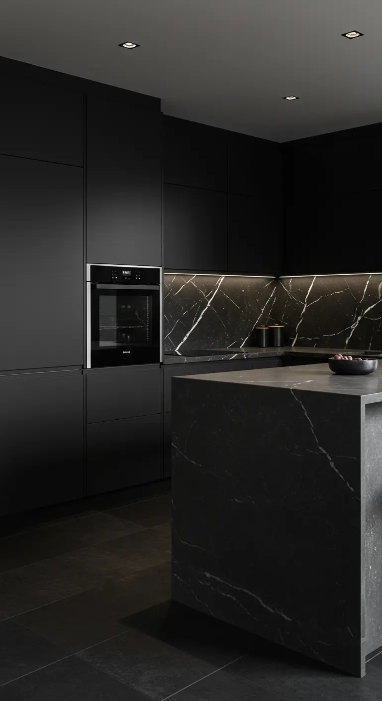 Matte zwarte keuken met glanzend zwart marmeren backsplash en eilandblad met witte aders.
