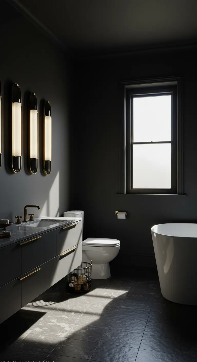 Donkere, sfeervolle badkamer waar daglicht uit een raam op de vloer valt en de ruimte verlicht.