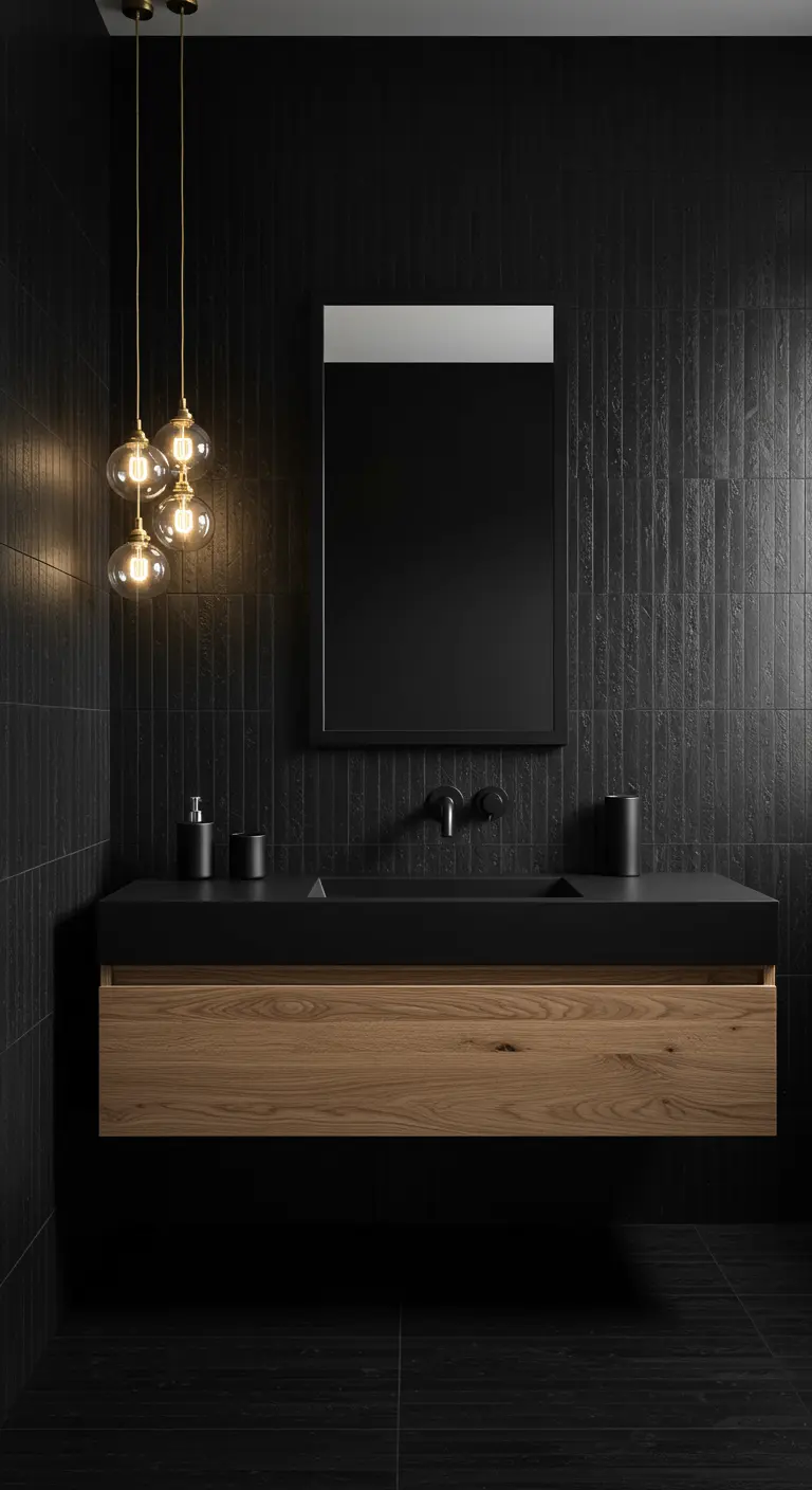 Donkere badkamer met een wand van zwarte verticale tegels, een houten meubel en messing hanglampen.