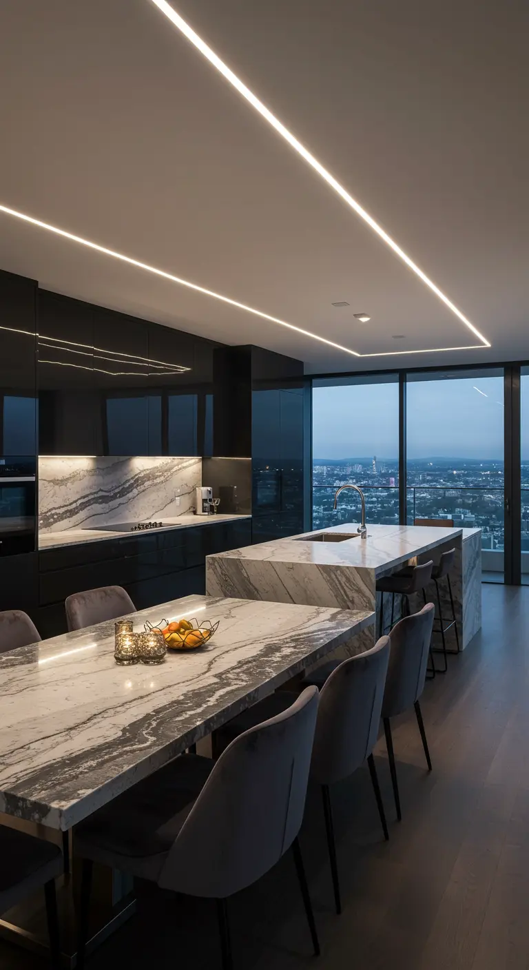 Zwarte keuken met marmeren eiland en eettafel, lineaire plafondverlichting, stadszicht.