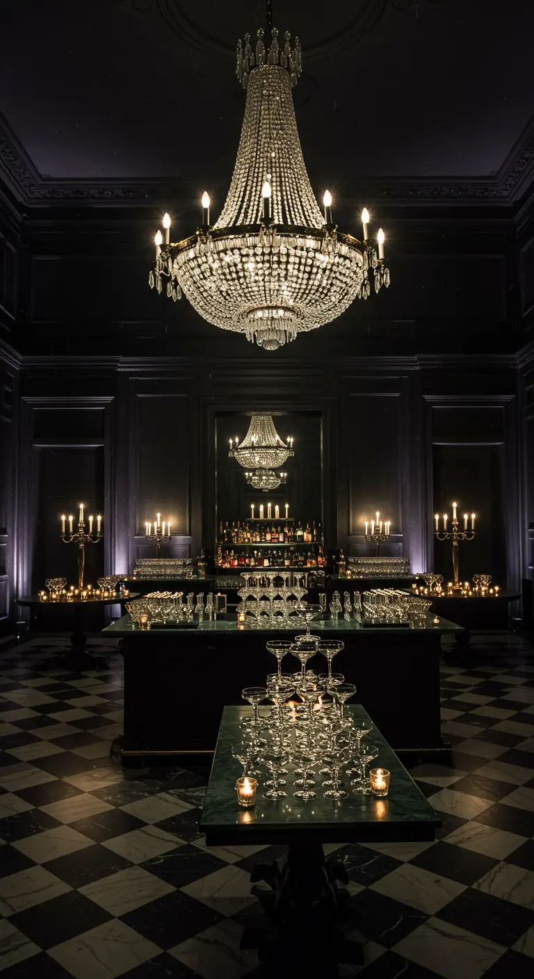 Champagnetoren en kandelabers in een donkere, chique ruimte met kroonluchter.