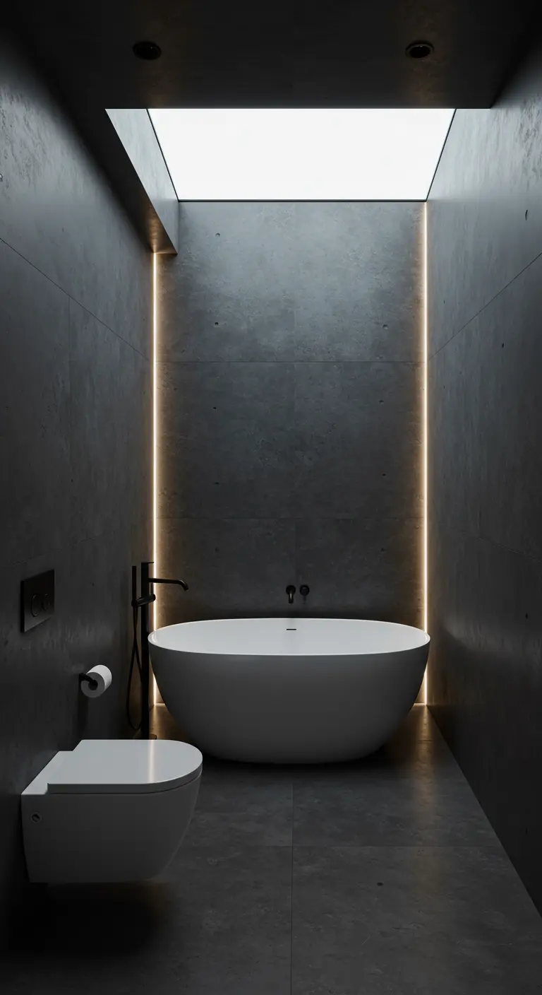 Donkere betonciré badkamer met een vrijstaand bad onder een lichtkoepel en LED-strips.