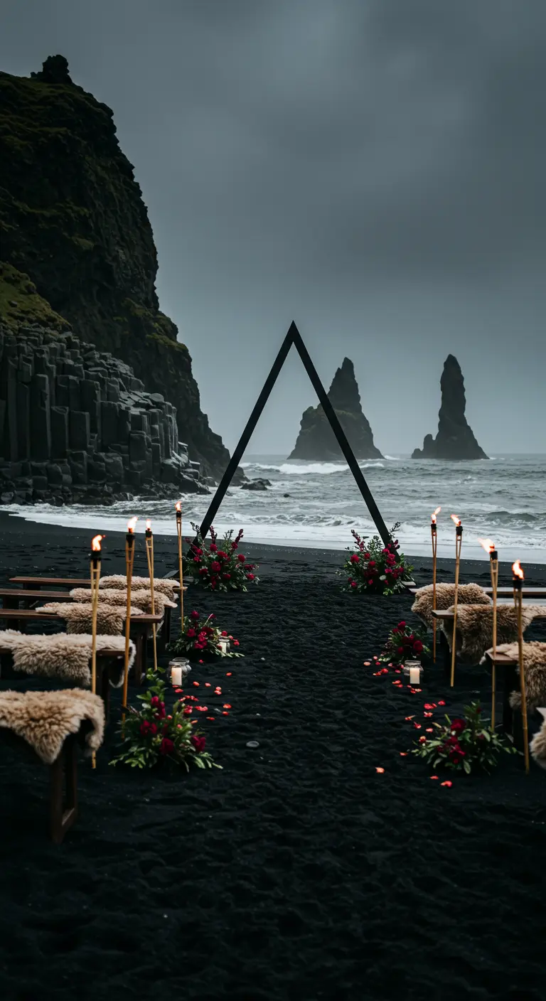 Ceremonie op een zwart zandstrand met een zwarte driehoekige boog en fakkels.