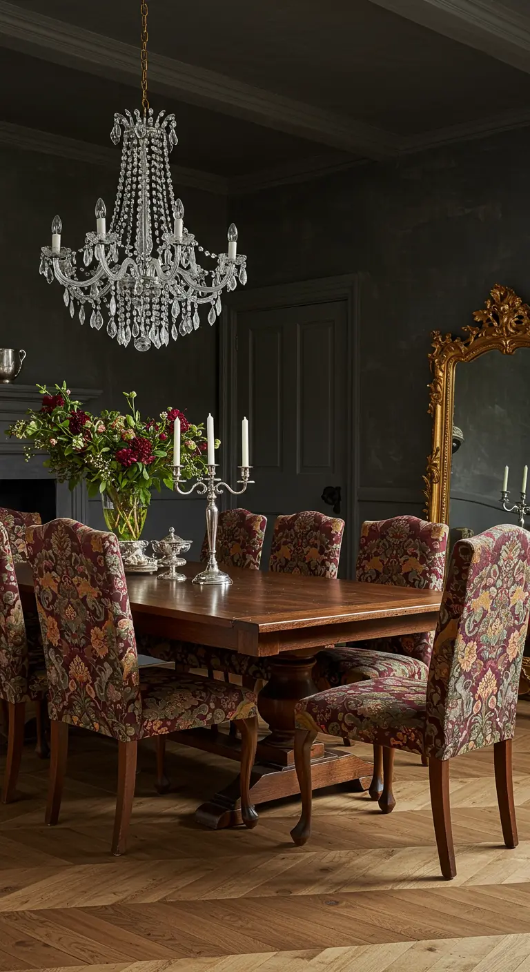 Donkere eetkamer met rijk gekleurde bloemenstoelen, houten tafel en kristallen kroonluchter.