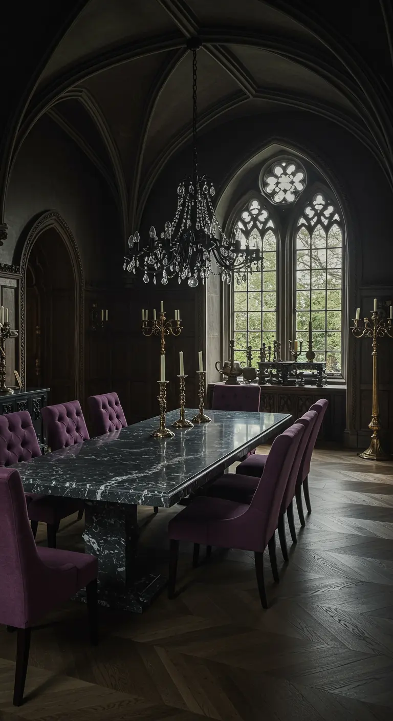 Gotische eetkamer met gewelfd plafond, donkere marmeren tafel, paarse fluwelen stoelen en grote kandelaren.