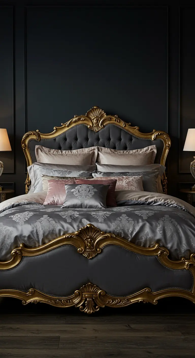 Luxe slaapkamer met donkergrijze muur, een zwart-gouden barok bed en grijs satijnen beddengoed.