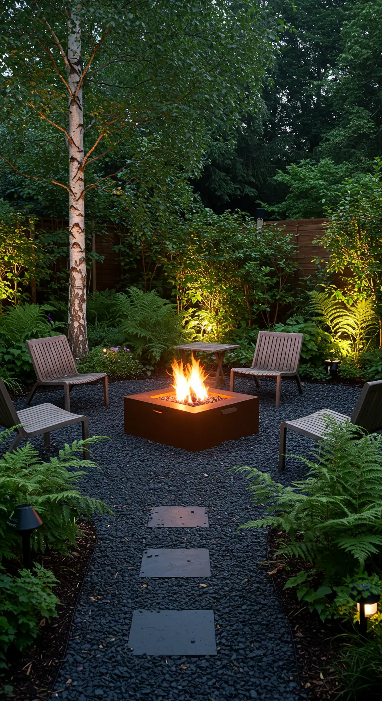Tuin met donker grind, een vuurkorf en stoelen, omringd door uitgelichte planten.