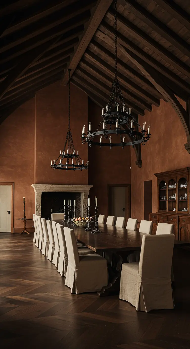 Grote, donkere eetzaal met terracotta muren, houten balkenplafond en grote kroonluchters.