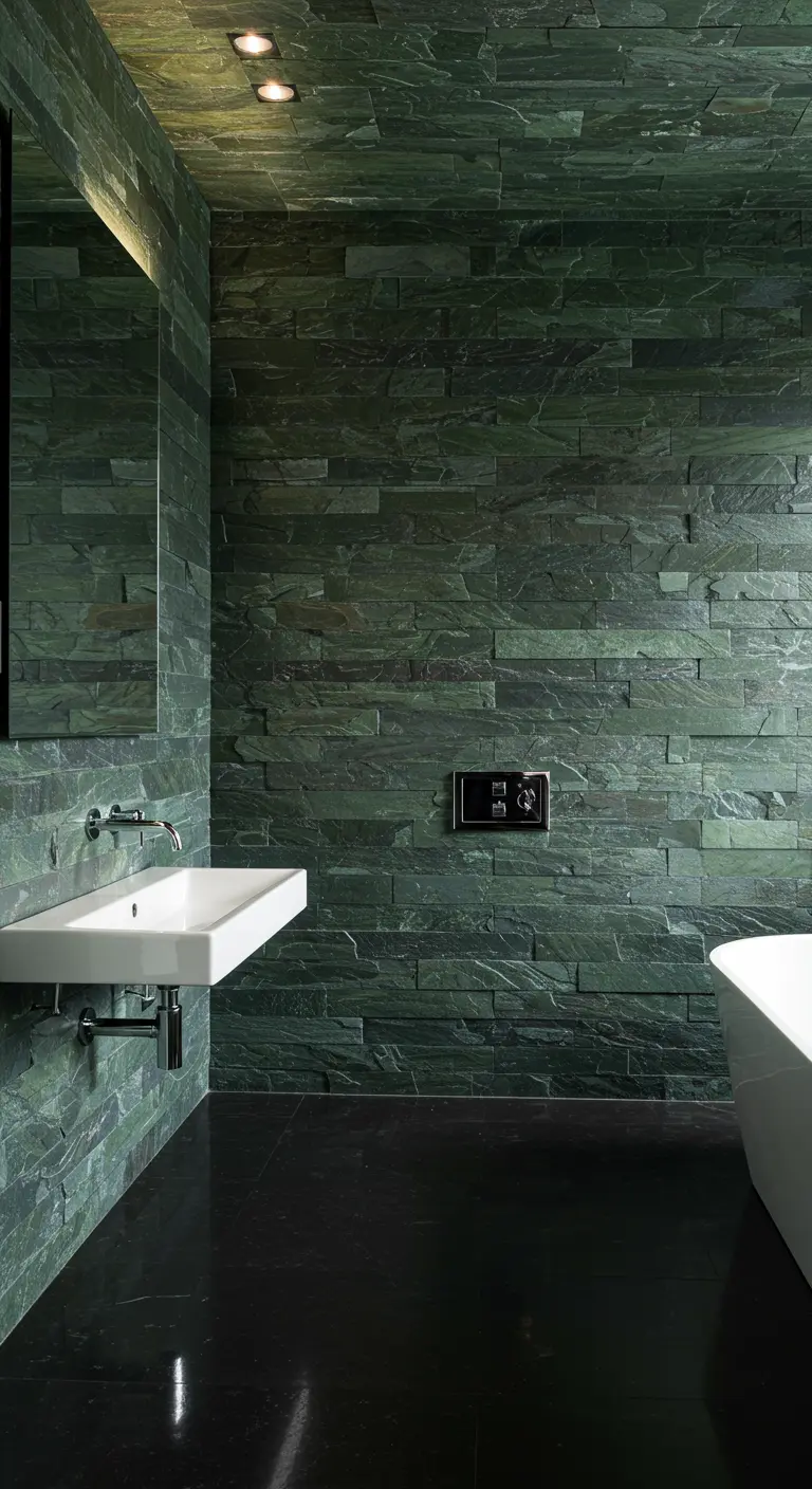 Moderne badkamer met diepgroene, ruwe leistenen wanden en een donkere vloer.