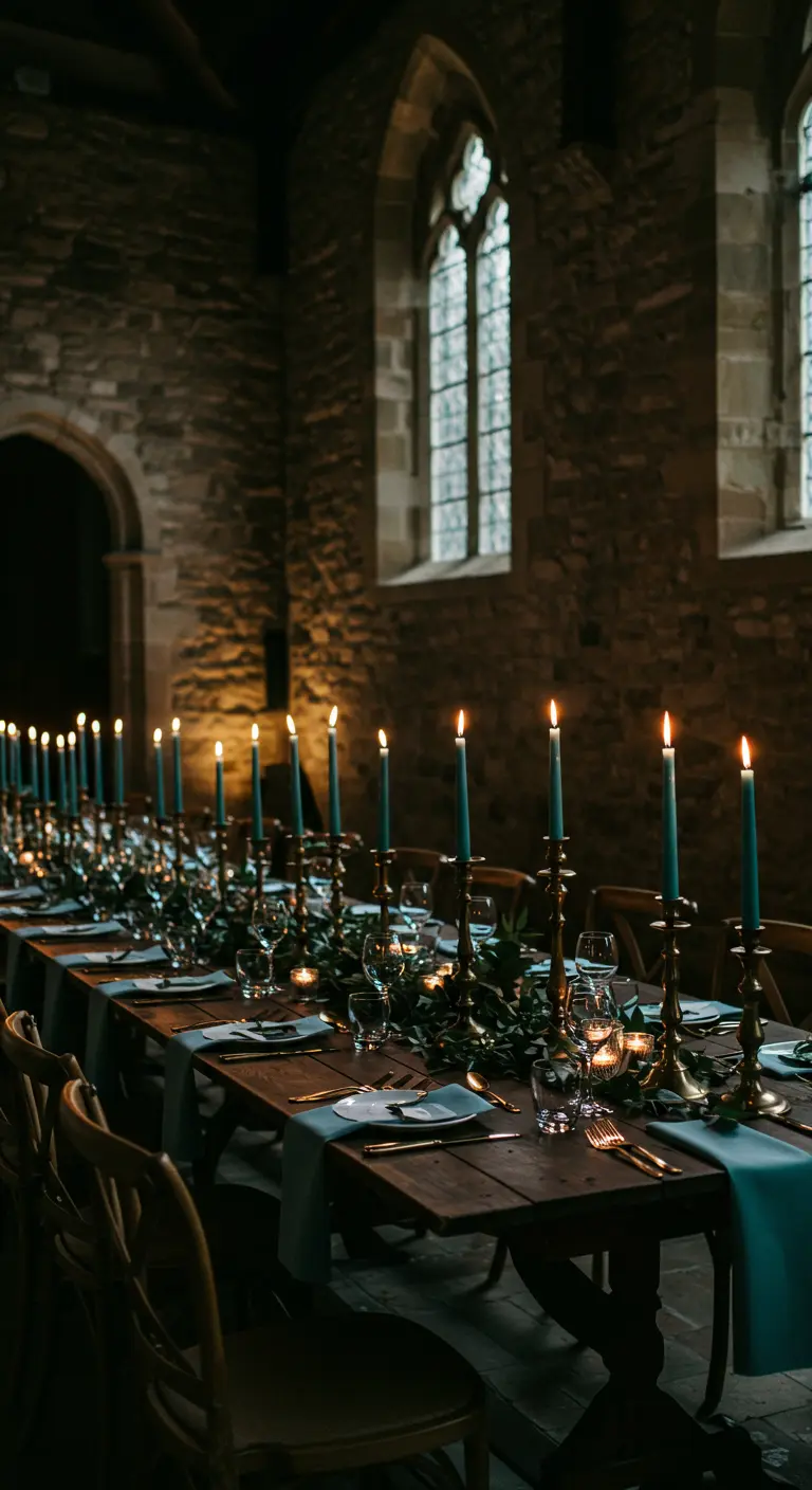Lange houten tafel in een kasteel, gedecoreerd met petrolblauwe kaarsen in gouden kandelaars.