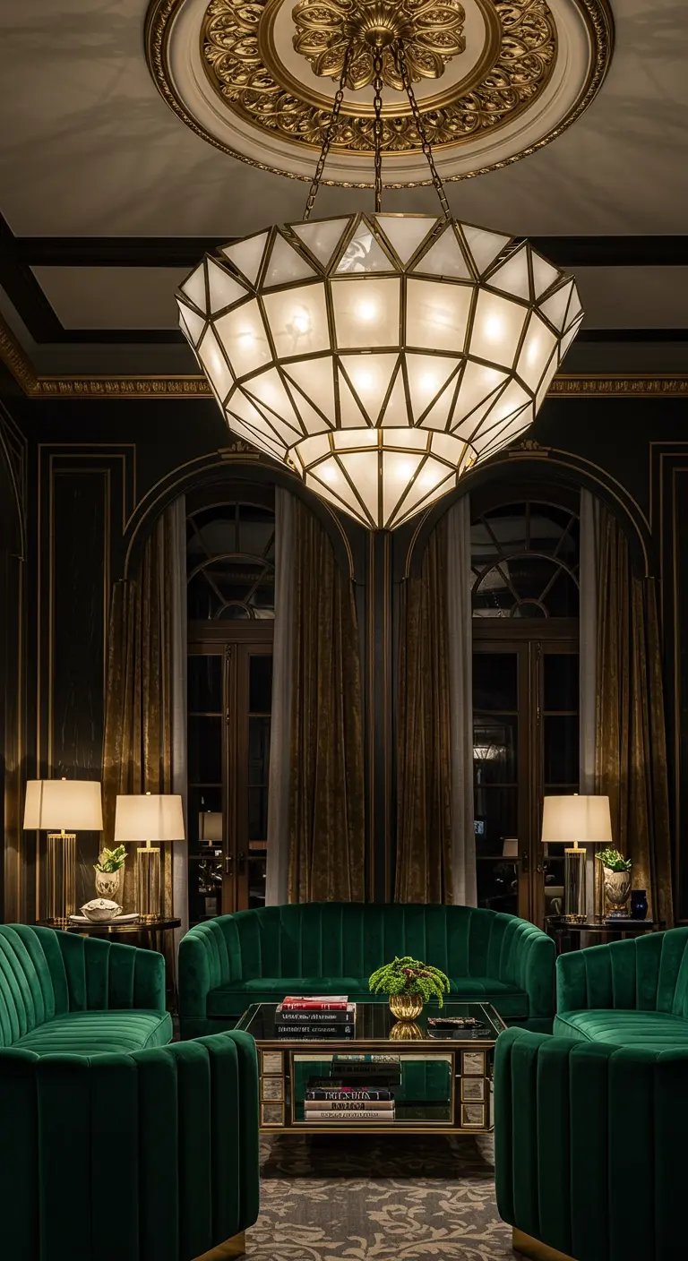 Luxueuze, donkere woonkamer met een enorme Art Deco kroonluchter en groene fluwelen banken.