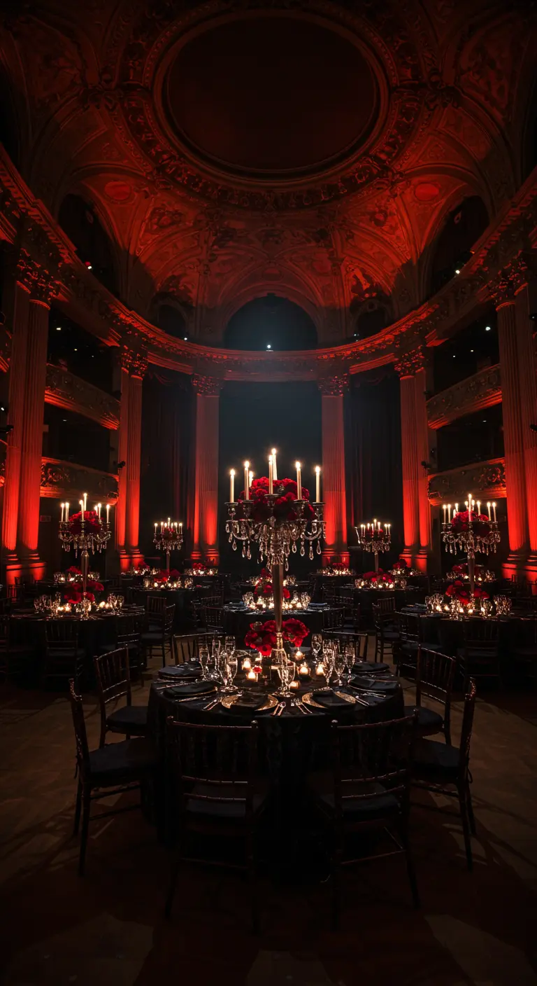 Dramatische zaal met donkere tafels, rode bloemen en kandelaren onder rode verlichting.
