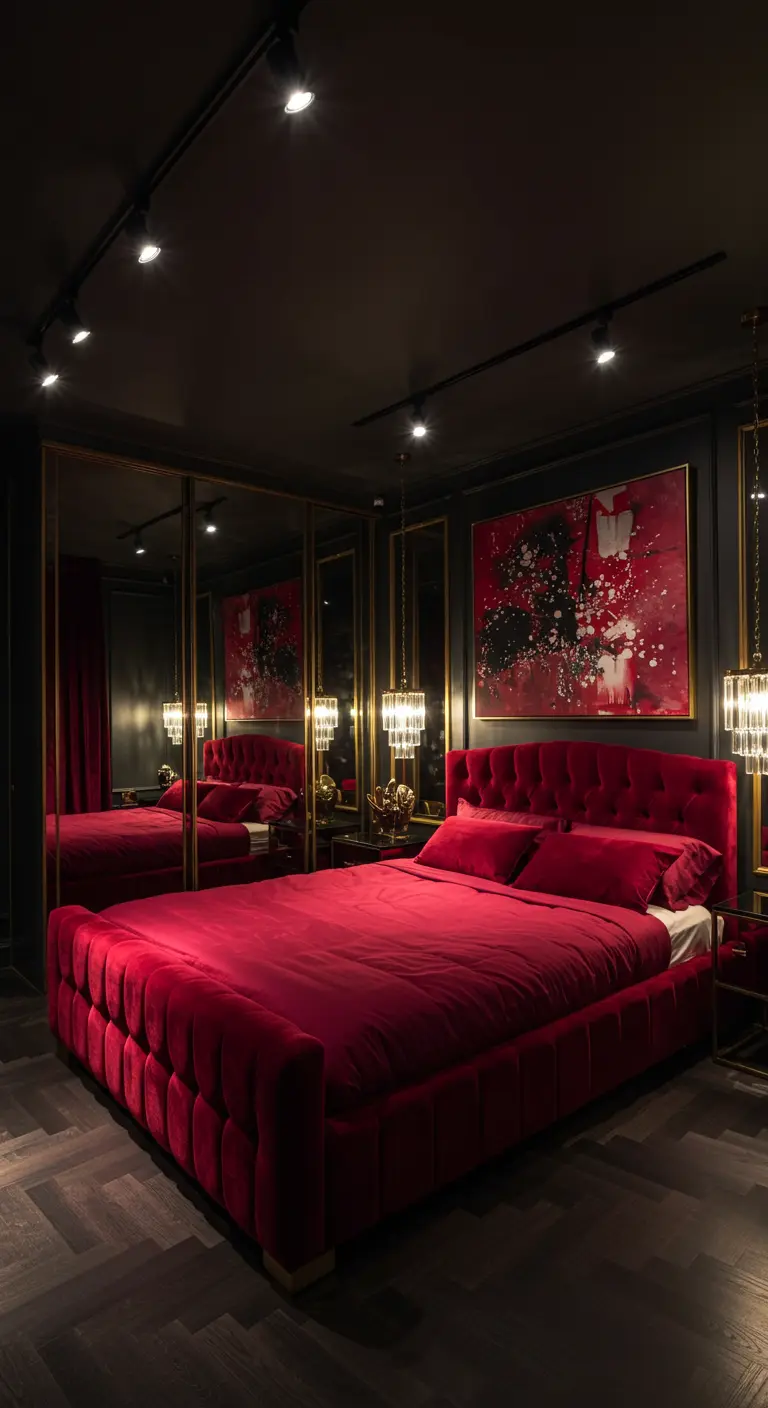 Slaapkamer met dieprood fluwelen bed, zwarte muren, spiegelwanden en kristallen verlichting.