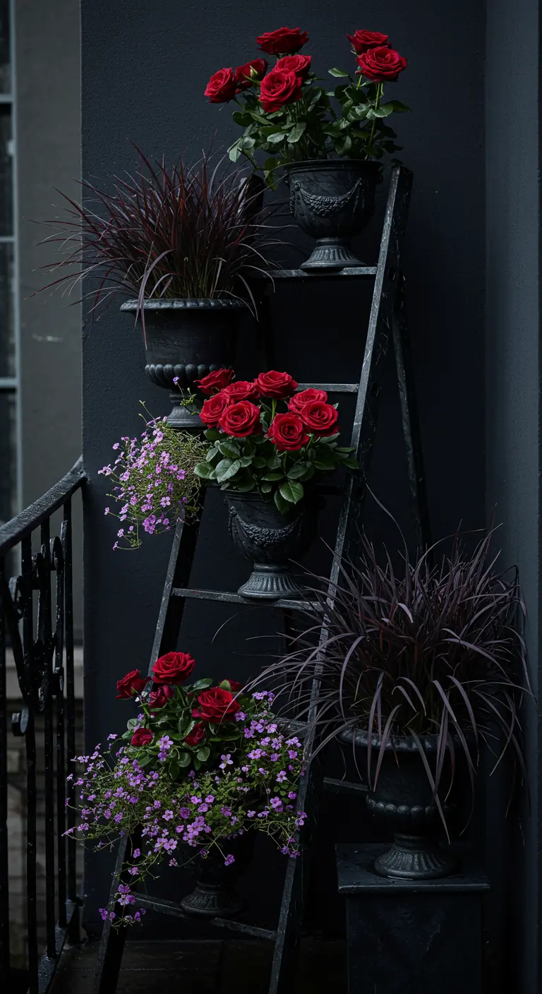 Zwarte ladder met dieprode rozen en donkerpaars gras in sierlijke zwarte potten tegen een zwarte muur.