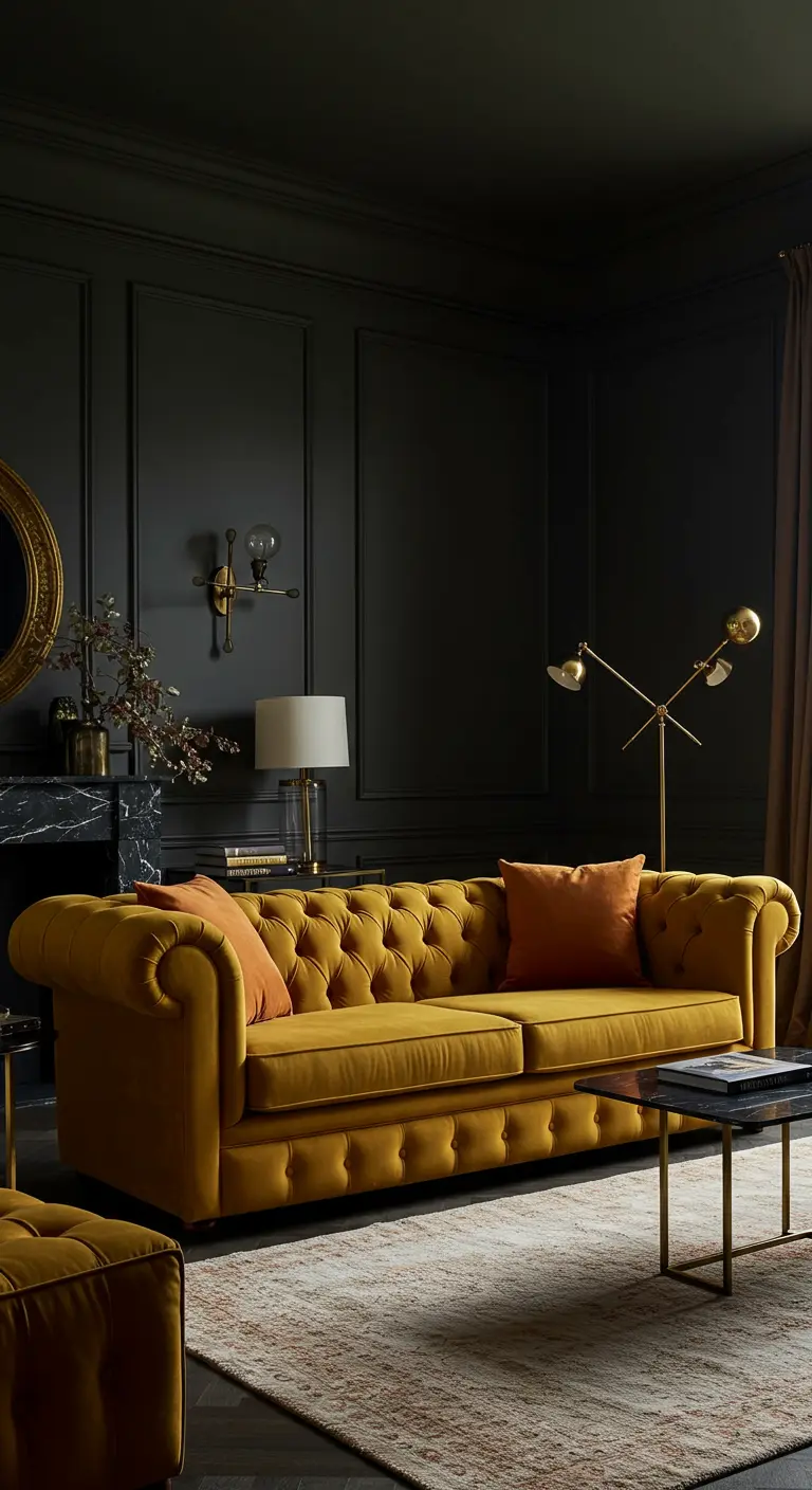 Chique woonkamer met donkere muren, een okergele chesterfieldbank en terracotta kussens.
