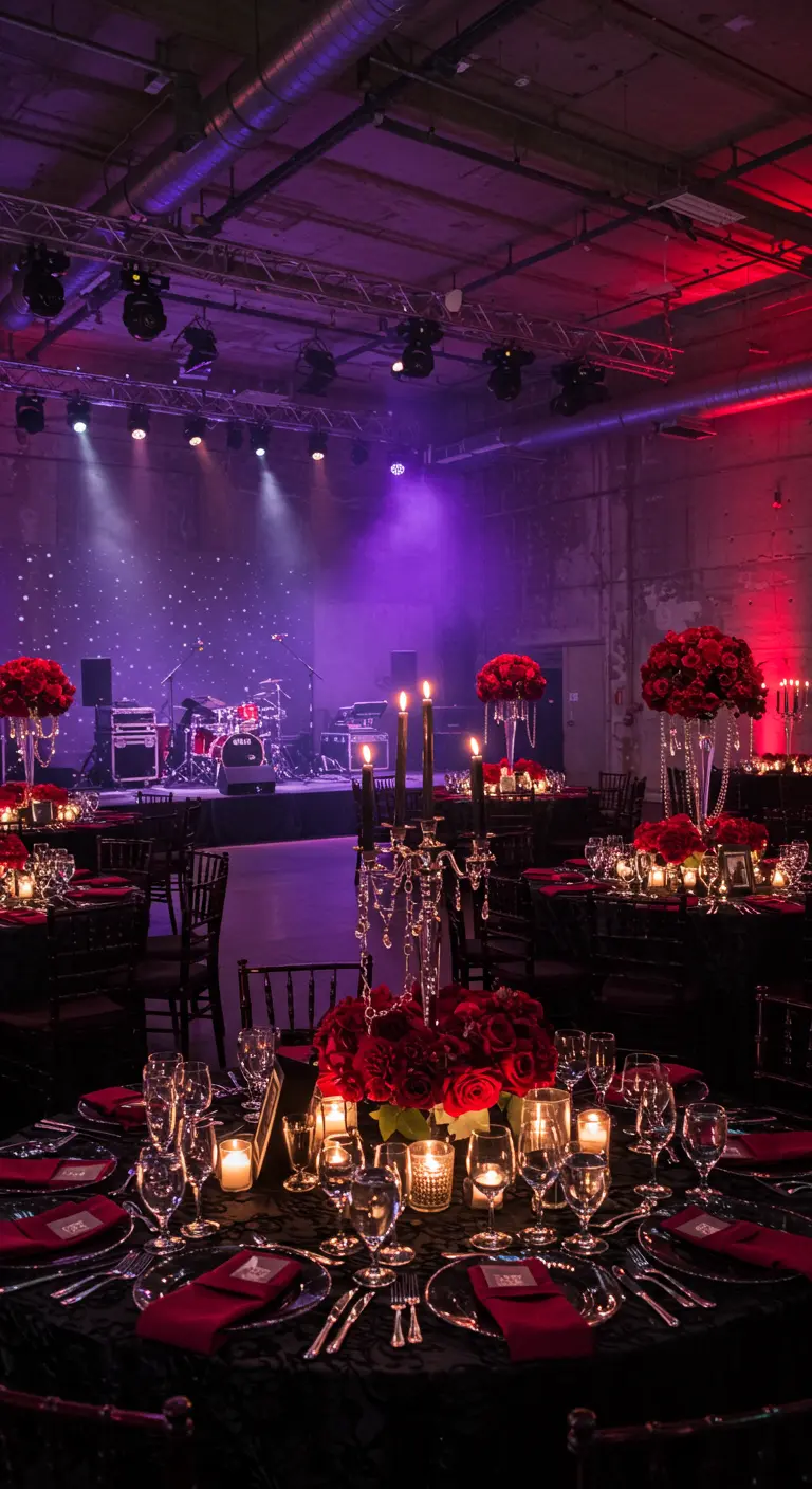 Luxe bruiloftsreceptie met zwarte tafelkleden, rode rozen, zilveren kandelaars en paarse en rode podiumverlichting.