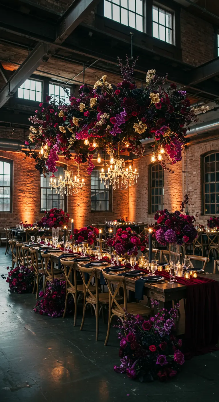 Luxe bruiloft met dramatische paarse en rode bloemen, hangende installaties en kaarslicht.