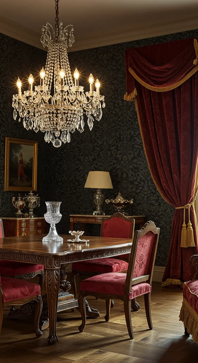 Luxe eetkamer met donker damastbehang, een kristallen kroonluchter en rode fluwelen gordijnen.