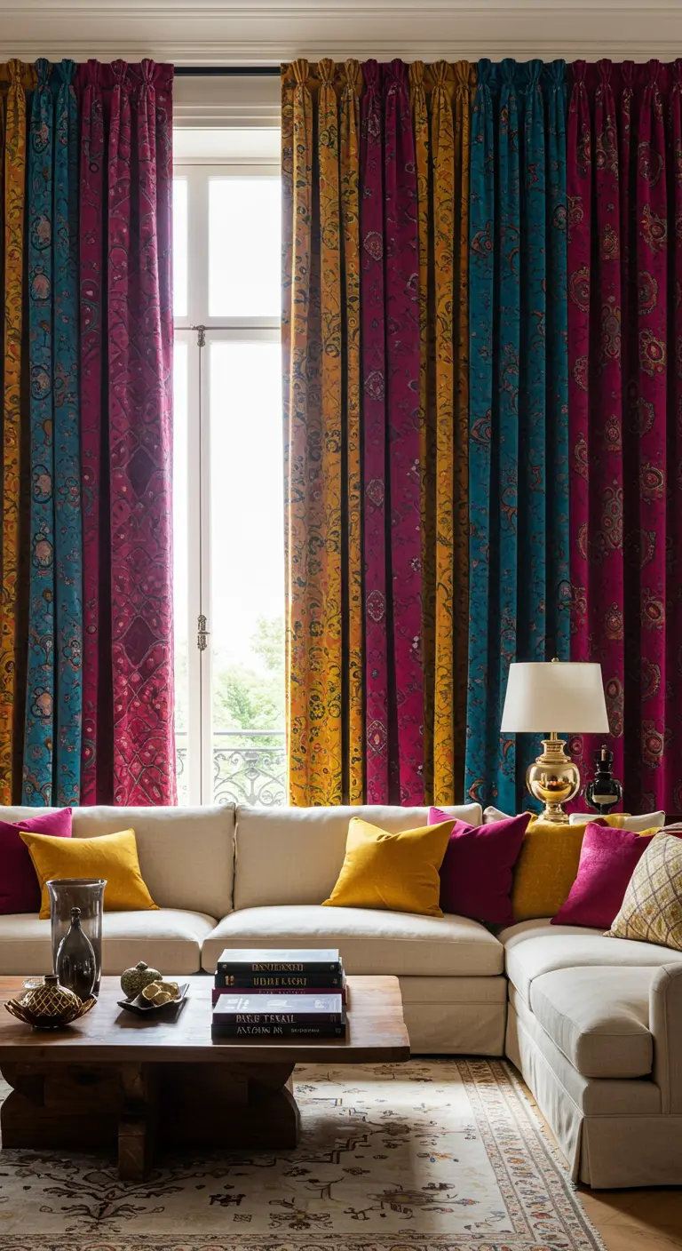 Woonkamer met kamerhoge gordijnen in roze, gele en blauwe Marokkaanse patronen.
