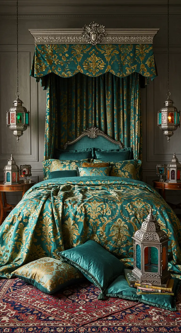 Luxe slaapkamer in groen en goud met een dramatisch baldakijn en veel kussens.