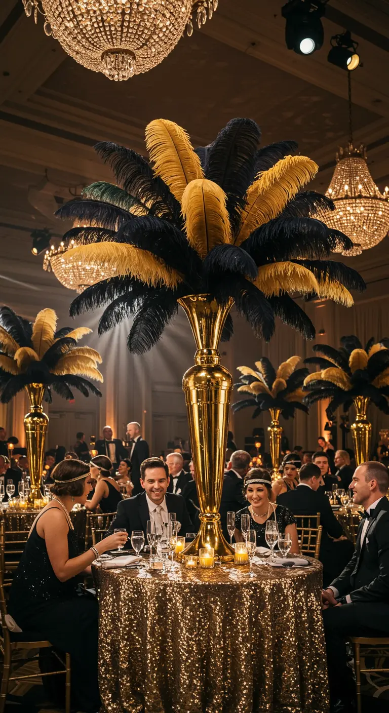 Grote gouden vazen met zwarte en gouden struisvogelveren als tafeldecoratie in een feestzaal.