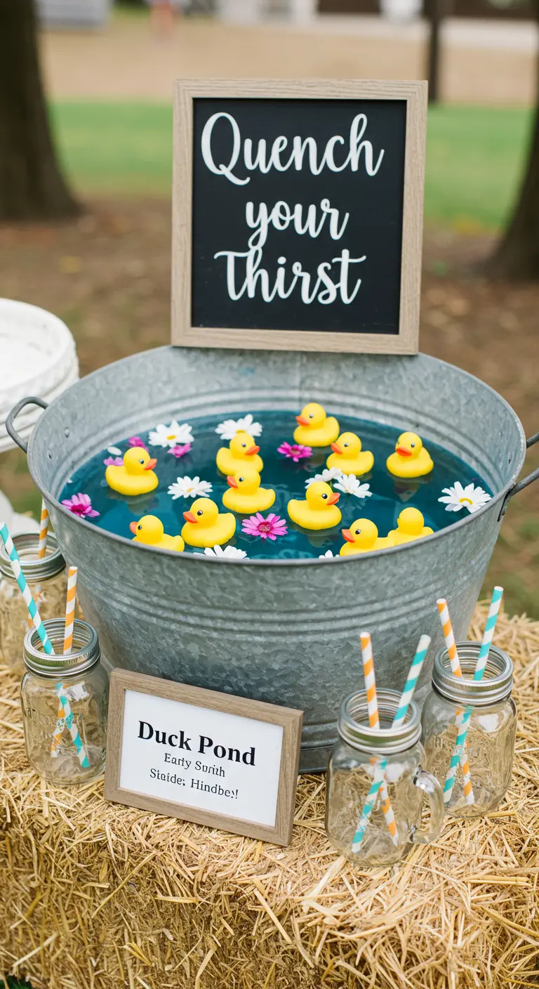 Zinken teil met blauw water en badeendjes, als drankstation.