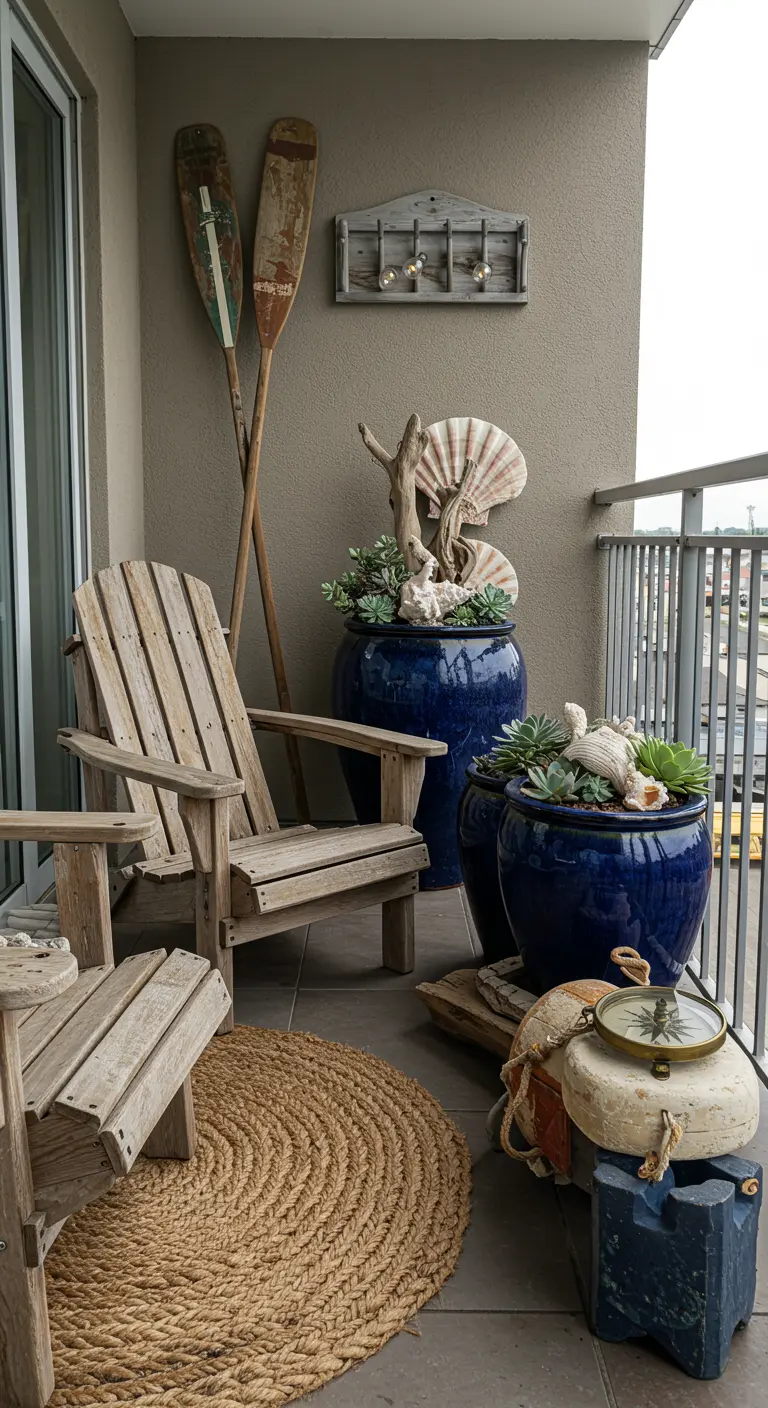 Rustiek nautisch balkon met Adirondack stoelen, blauwe potten, drijfhout, schelpen, kompas en jute vloerkleed.