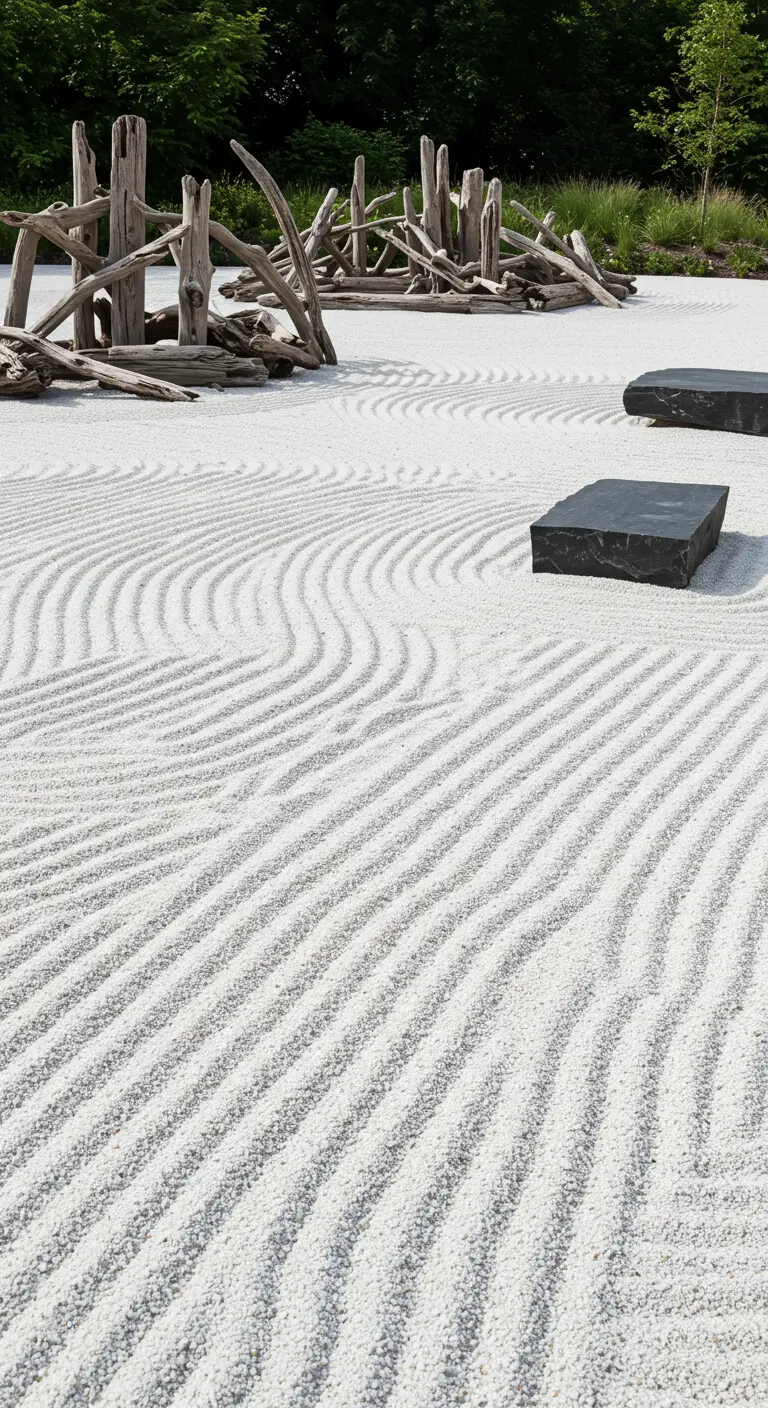 Witte geharkte grindtuin met donkere stapstenen en abstracte drijfhout sculpturen.