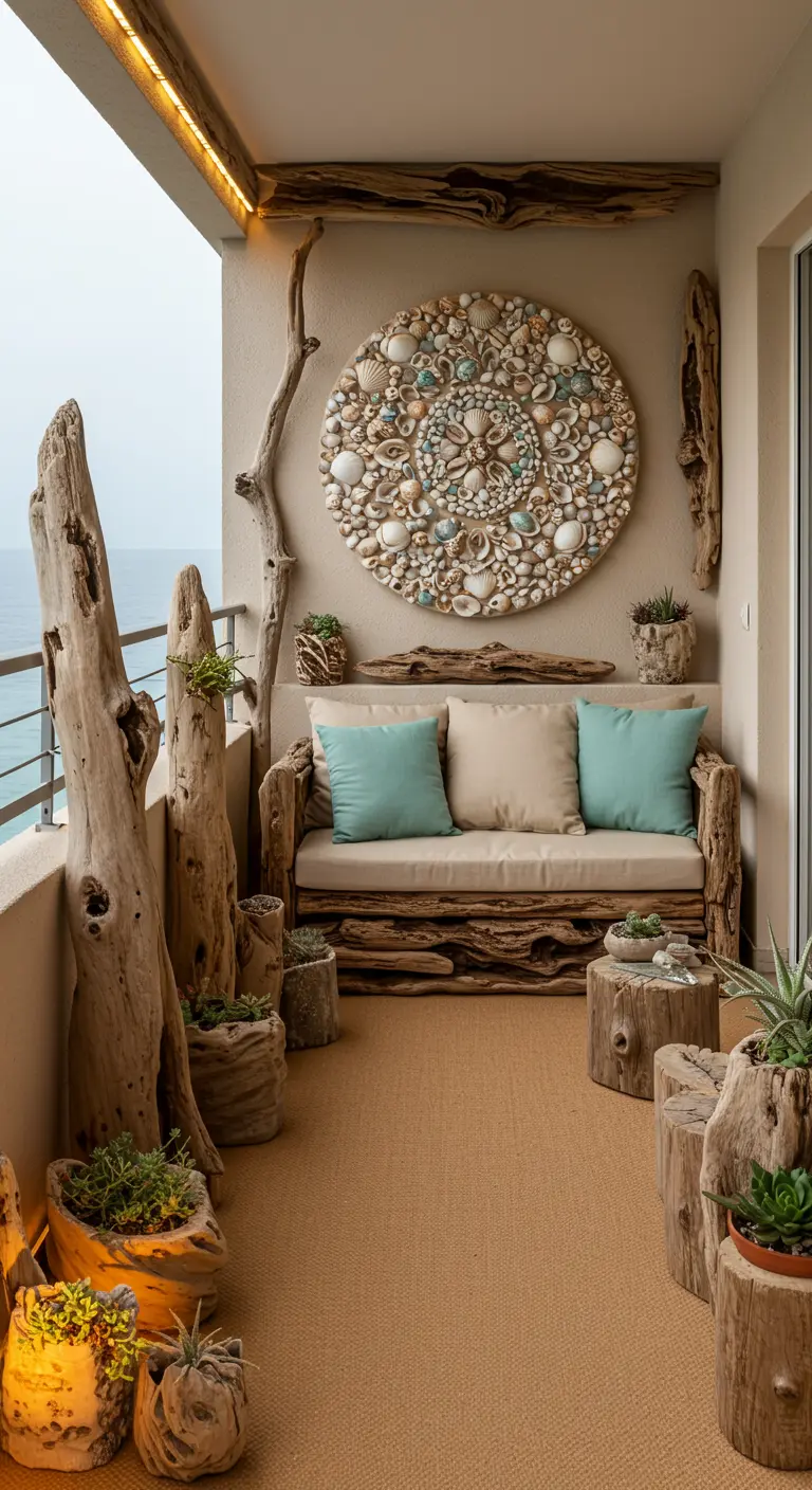 Nautisch balkon met veel drijfhout, grote schelpenwanddecoratie, bank met blauwe kussens en potplanten.