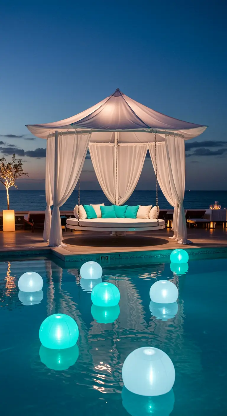 Rond schommelbed in een cabana bij een zwembad met lichtgevende turquoise bollen in het water.