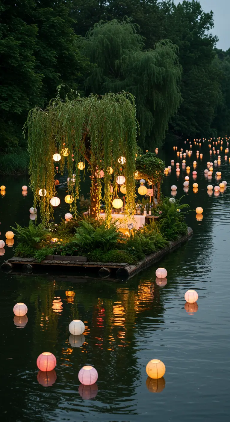 Verlicht vlot met tafel op een vijver, omringd door drijvende lampionnen.