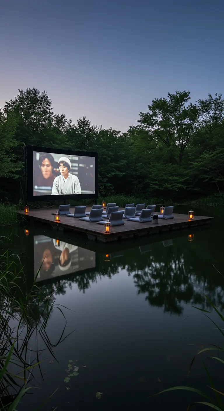 Buitenbioscoop op een vlonder boven het water, met minimalistische stoelen.