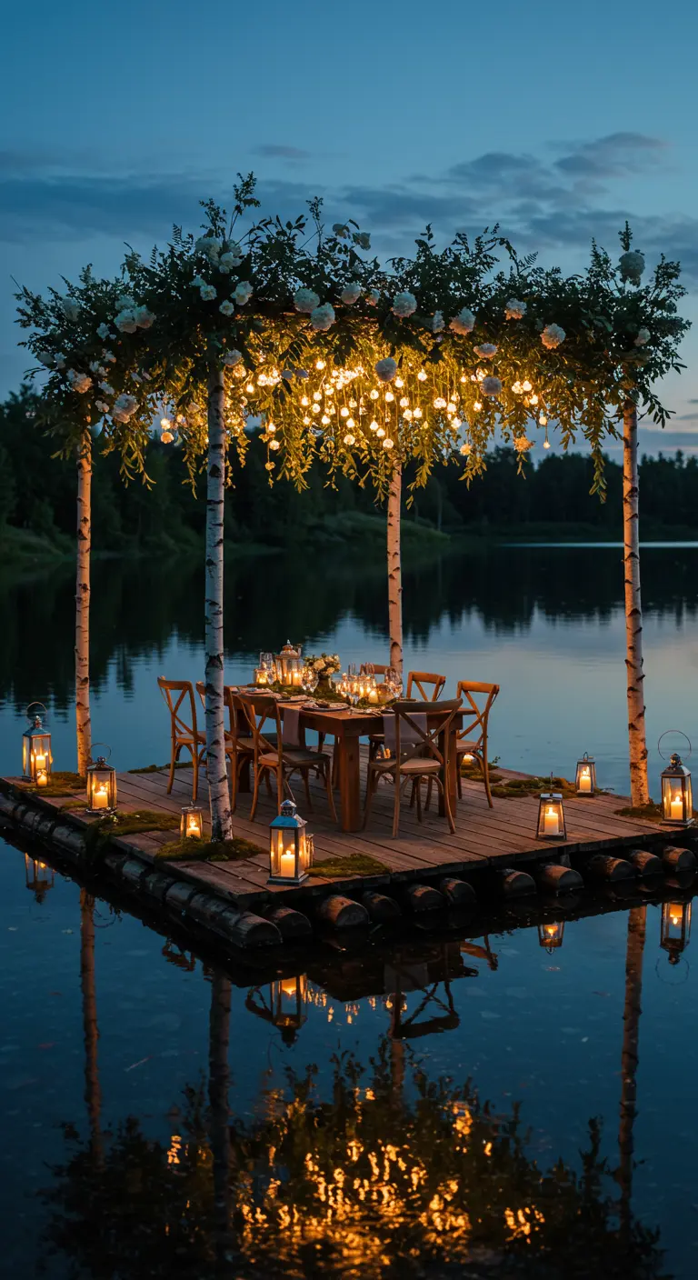 Intiem diner op een drijvend vlot op het water, overdekt met bloemen en vele lichtjes.