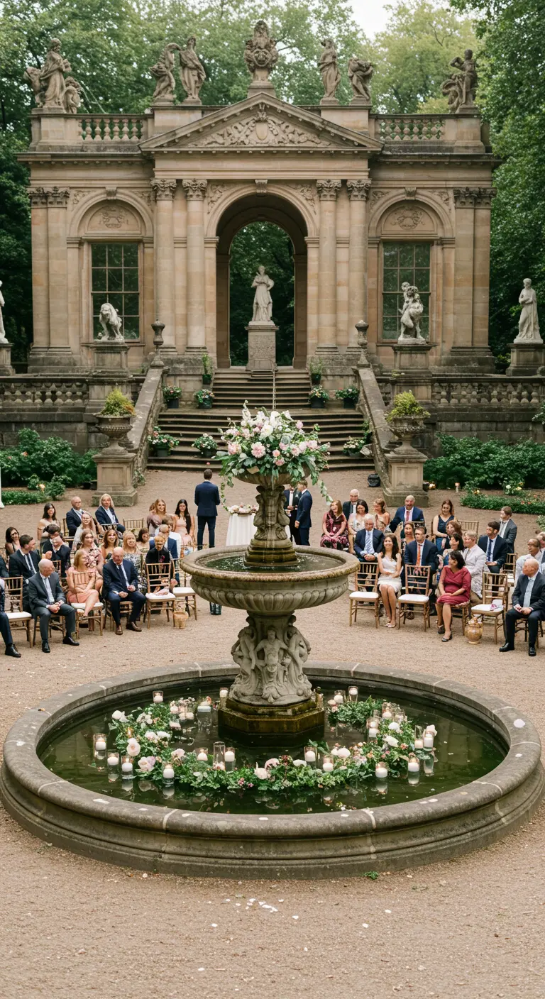 Trouwceremonie rondom een klassieke fontein met drijvende kaarsen en bloemen.