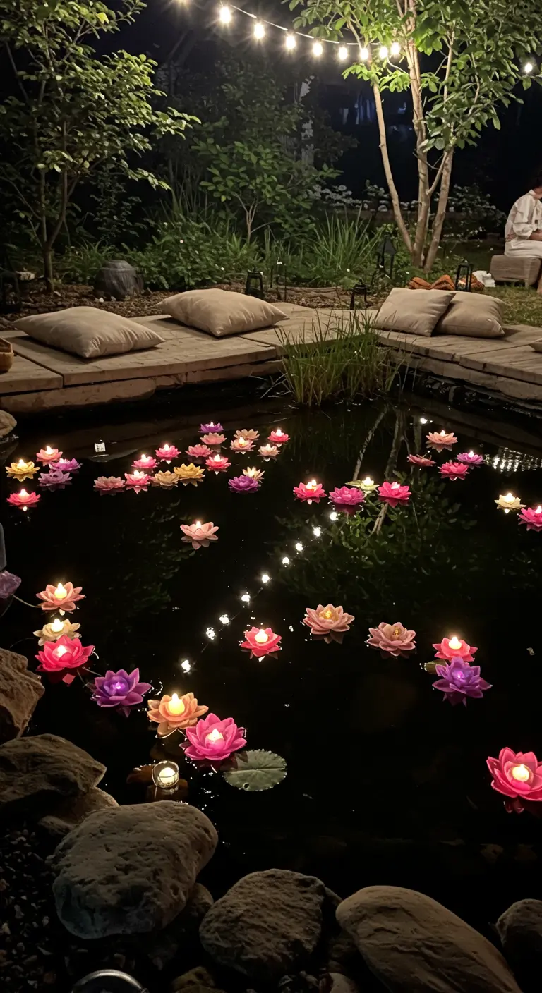 Een donkere vijver vol met drijvende kaarsen in de vorm van kleurrijke, lichtgevende lotusbloemen.