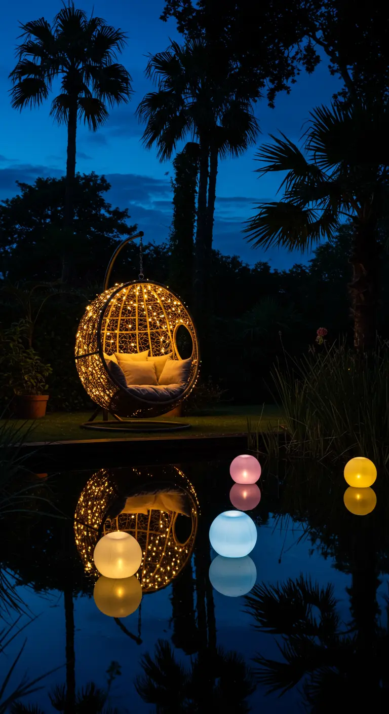 Met lichtjes versierde hangstoel aan een donkere vijver met gekleurde, drijvende lichtbollen.