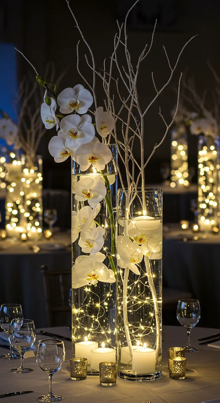 Hoge glazen vazen met water, orchideeën, kaarsen en sprookjesverlichting.