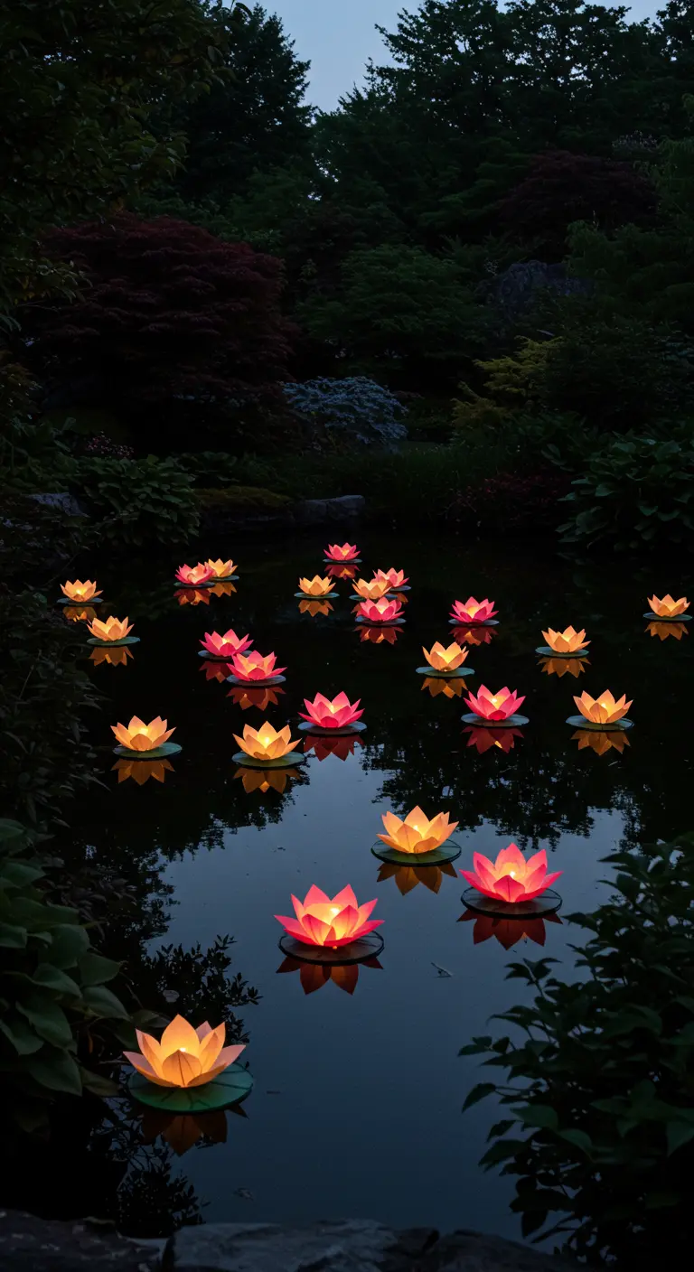 Een donkere vijver vol drijvende, lichtgevende lotusbloemen in roze, geel en oranje tinten.