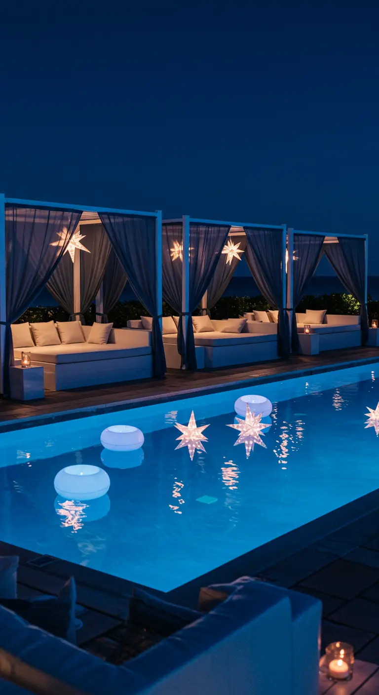 Zwembad bij nacht met drijvende sterlampen en lounge-cabana's met hangende sterren.
