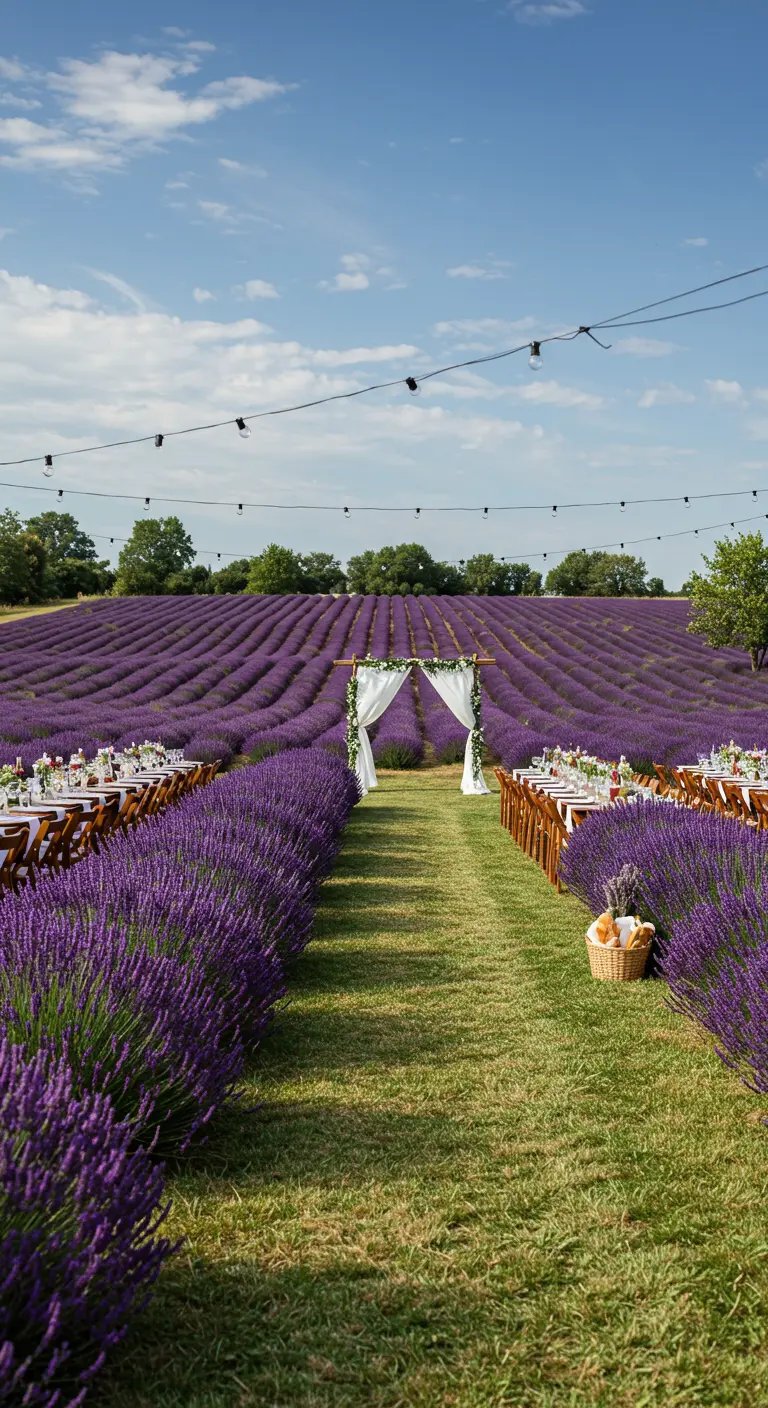 Lange eettafels en een ceremonieboog midden in een bloeiend lavendelveld.