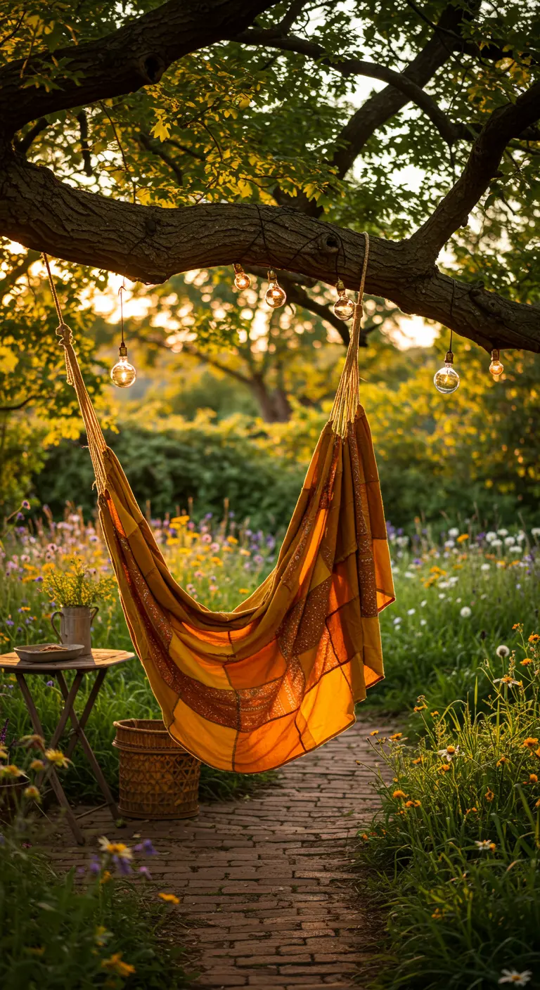 Warme, patchwork hangmat in een bloementuin bij zonsondergang, met lichtslingers.