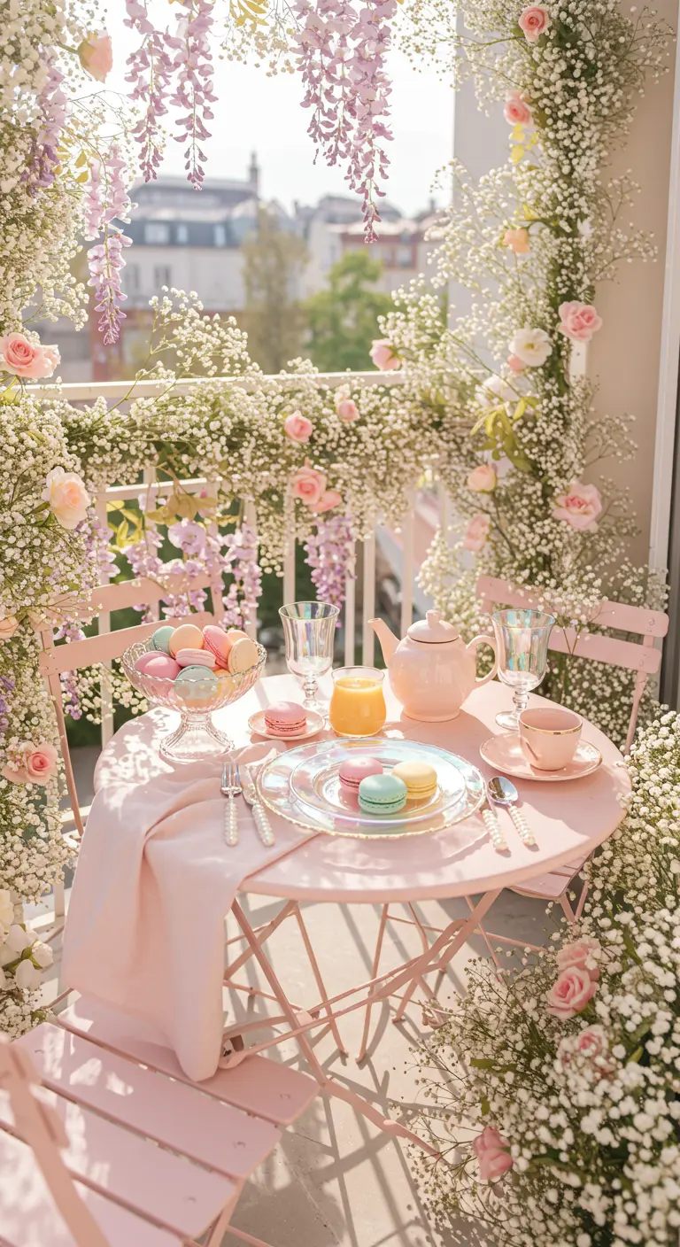 Roze bistroset op een balkon, volledig omringd door witte en roze bloemen en macarons.
