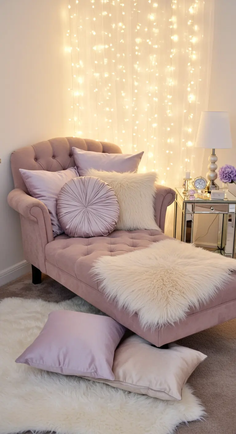 Zachtroze chaise longue vol kussens, met een achtergrond van fonkelende lichtslingers.