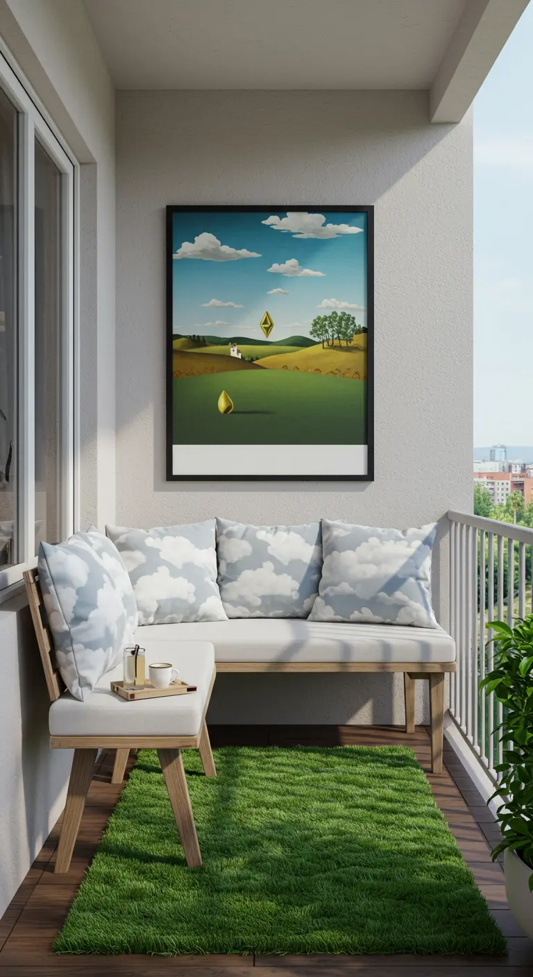 Balkon met surrealistisch schilderij en bijpassende kussens met wolkenprint.