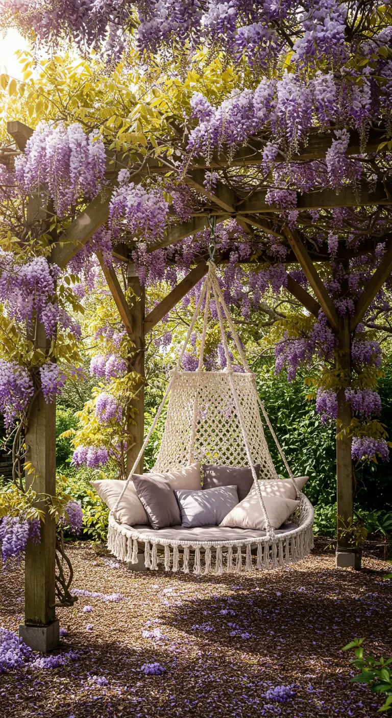 Grote ronde macramé hangstoel vol kussens, hangend onder een pergola met weelderige blauweregen.